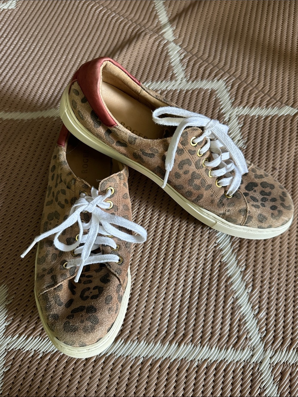 Jack Rogers Leopard Suede Sneakers with White Laces and Red Heel